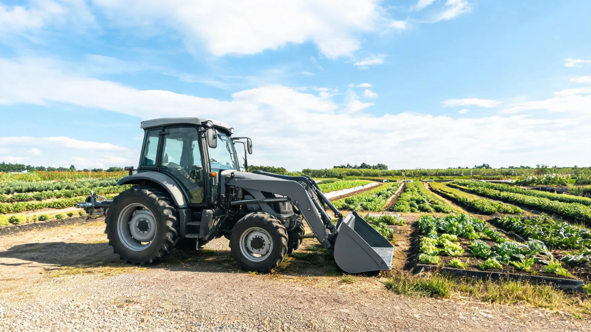 Subcompact tractor with loader beside a commercial market garden