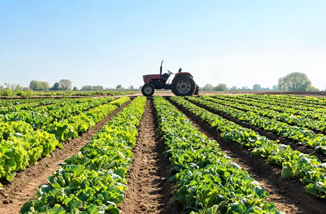 Tractor beside market garden beds