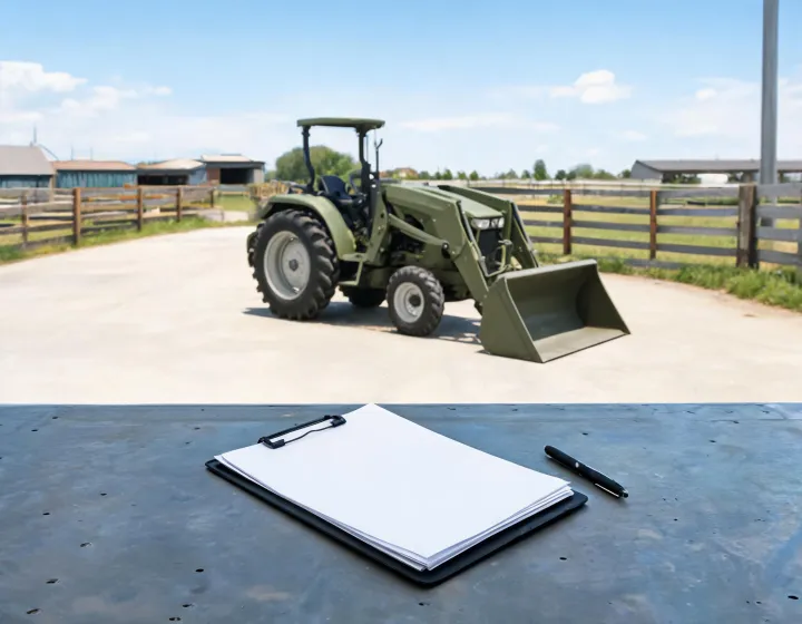 Tractor specifications being reviewed beside a machine